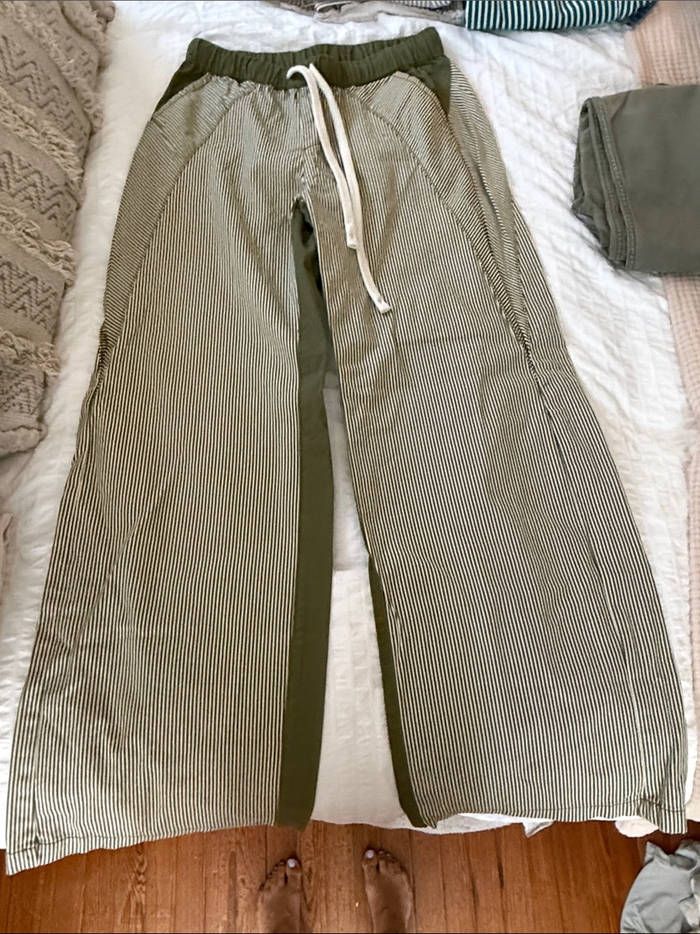 Amazon Olive and Cream Striped Drawstring Pants